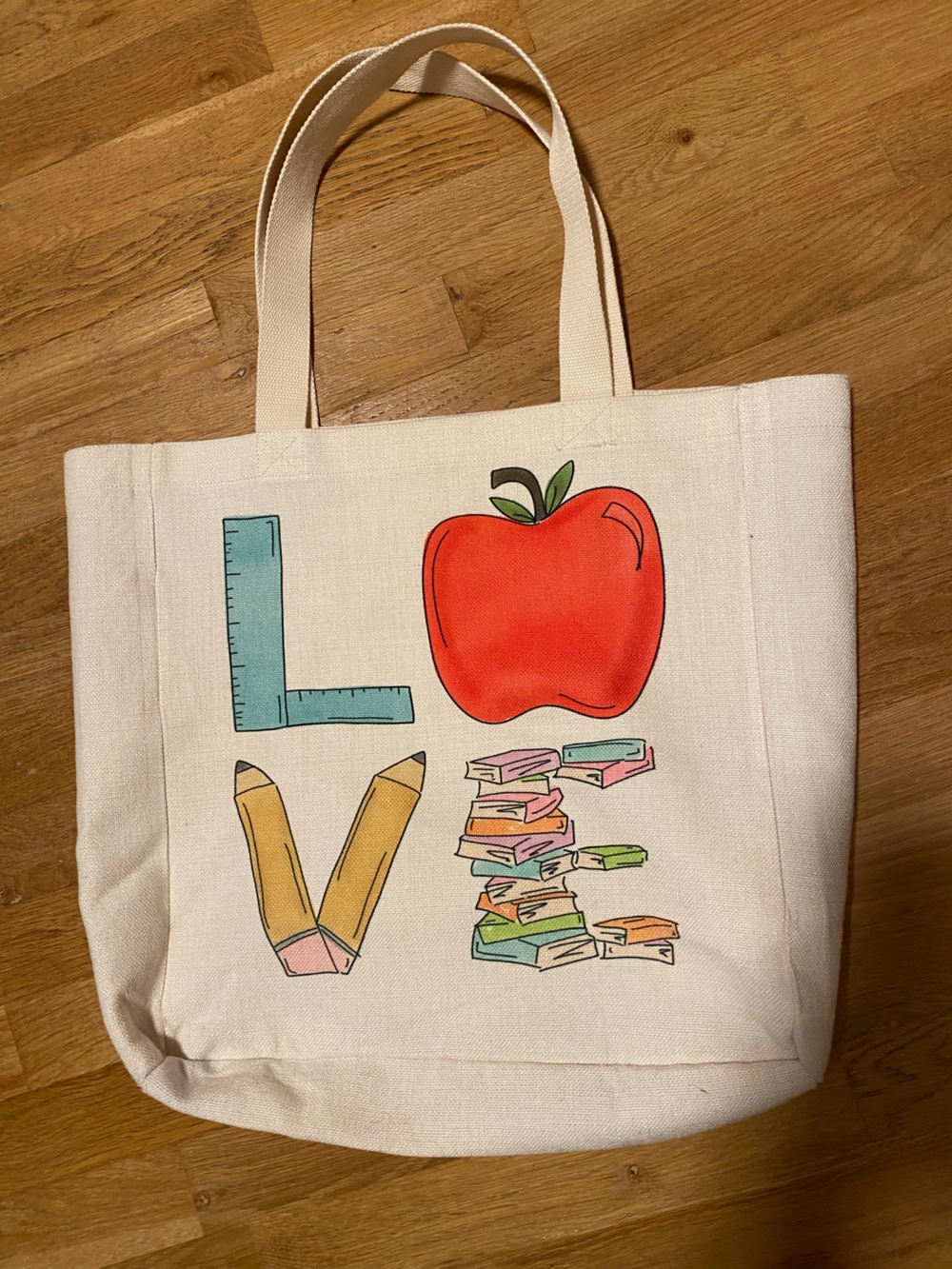 Canvas Tote Bag with Red Apple and School Graphics